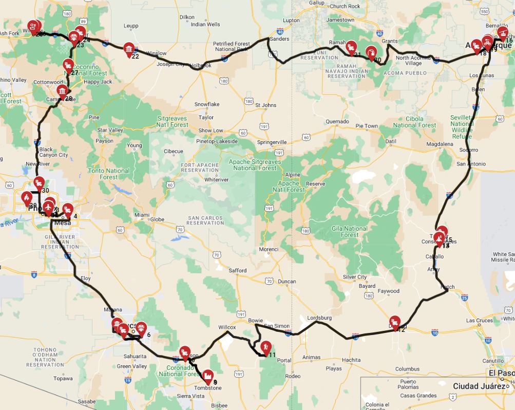 Map for Phoenix round trip - East - Arizona  New Mexico